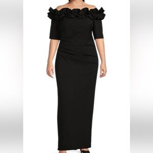 Xscape Black Ruffle Off-Shoulder Maxi Dress